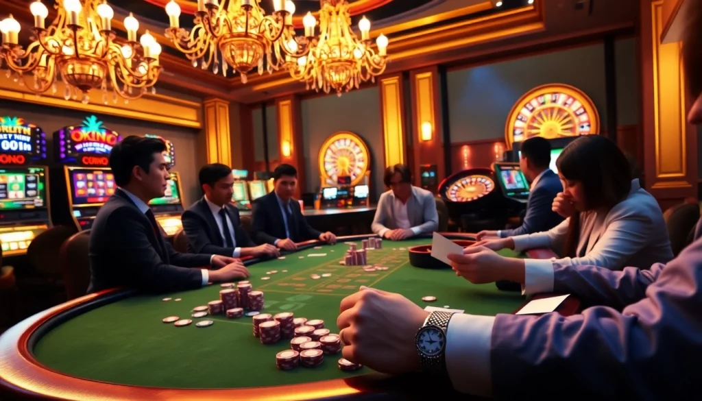 Experience high-stakes excitement at OKVIP LIÊN MINH with vibrant casino scenes featuring poker tables and slot machines.