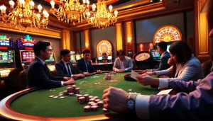 Experience high-stakes excitement at OKVIP LIÊN MINH with vibrant casino scenes featuring poker tables and slot machines.