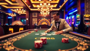 Engage in a thrilling CM88 casino experience with vibrant gaming tables and luxurious ambiance.