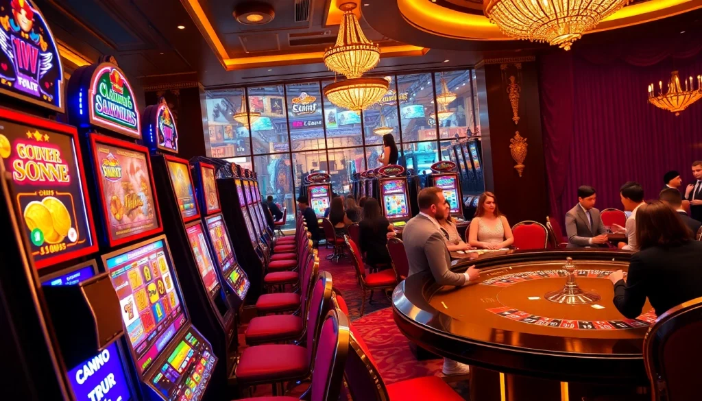 Berinteraksi dengan mesin slot Depo 5rb di lingkungan kasino mewah, menampilkan permainan slot yang berwarna-warni.