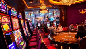 Berinteraksi dengan mesin slot Depo 5rb di lingkungan kasino mewah, menampilkan permainan slot yang berwarna-warni.