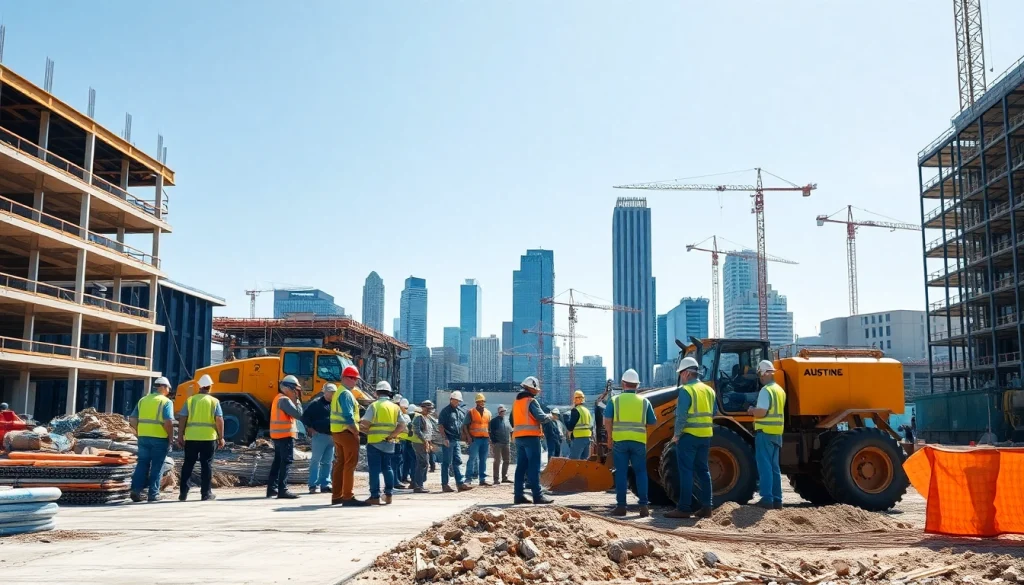 Workers engaged in Austin construction on a busy site, illustrating teamwork and modern equipment.