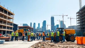 Workers engaged in Austin construction on a busy site, illustrating teamwork and modern equipment.