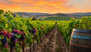 Experience the beauty of Sacramento Wineries with lush vineyards and a stunning sunset backdrop.