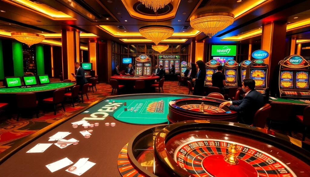 Players enjoying casino games at situs seven77, surrounded by vibrant slot machines and poker chips.