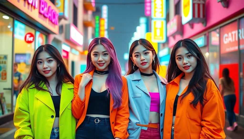 Highlighting the blackpink members in a vibrant K-pop setting, capturing energy and style.