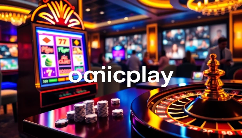 Experience onicplay's thrilling virtual casino with vibrant slots and poker chips on a luxurious table.