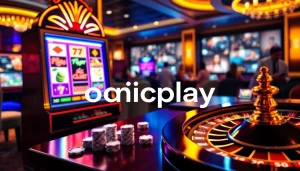 Experience onicplay's thrilling virtual casino with vibrant slots and poker chips on a luxurious table.