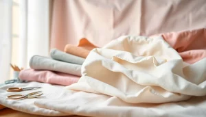 Katoenen canvasstof met verschillende texturen en kleuren in een creatieve omgeving.