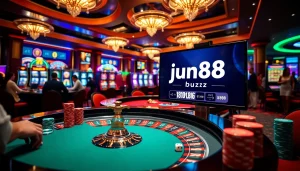 Engaging players and thrilling action at a casino showcasing https://jun88.buzz/ games, luxurious atmosphere, and vibrant excitement.