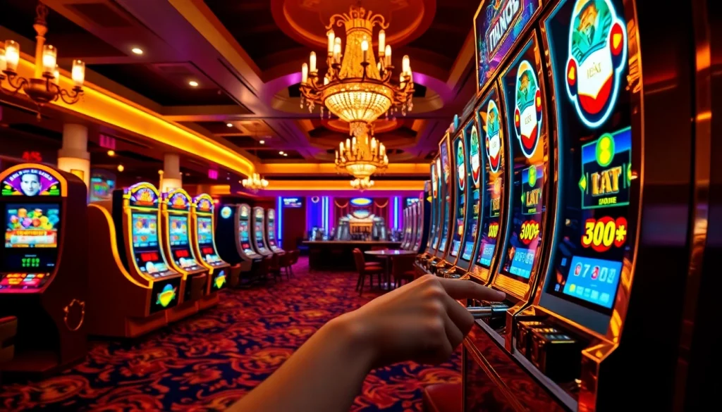 Player enjoying the excitement of idnslot machines in a luxurious casino environment.