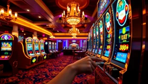 Player enjoying the excitement of idnslot machines in a luxurious casino environment.