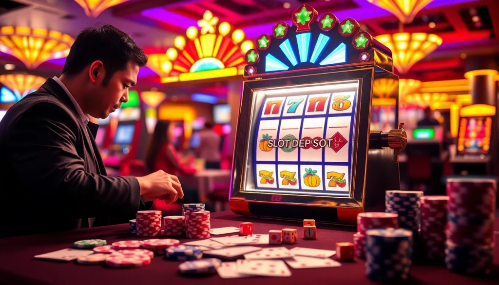 Adegan menarik dengan mesin slot deposit pulsa tanpa potongan yang memukau seorang penjudi profesional di kasino mewah.