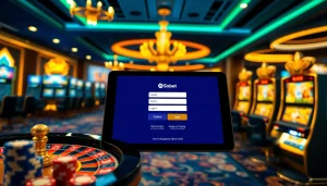 Sbobet login interface displayed on a tablet amidst vibrant online casino elements.