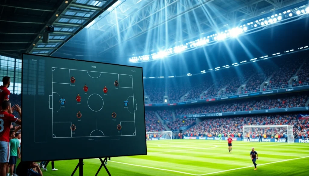 Engaging tactical analysis display of ตารางพรีเมียร์ลีก with fans in a vibrant stadium backdrop.