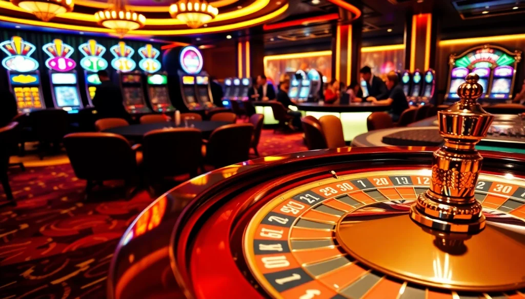 Experience the excitement of gaming at https:/cm88.bz/ with a vibrant casino scene featuring roulette, poker, and slot machines.