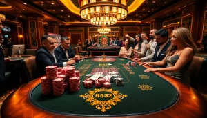 Engaged players strategizing at a b52-themed poker table in a luxurious casino.