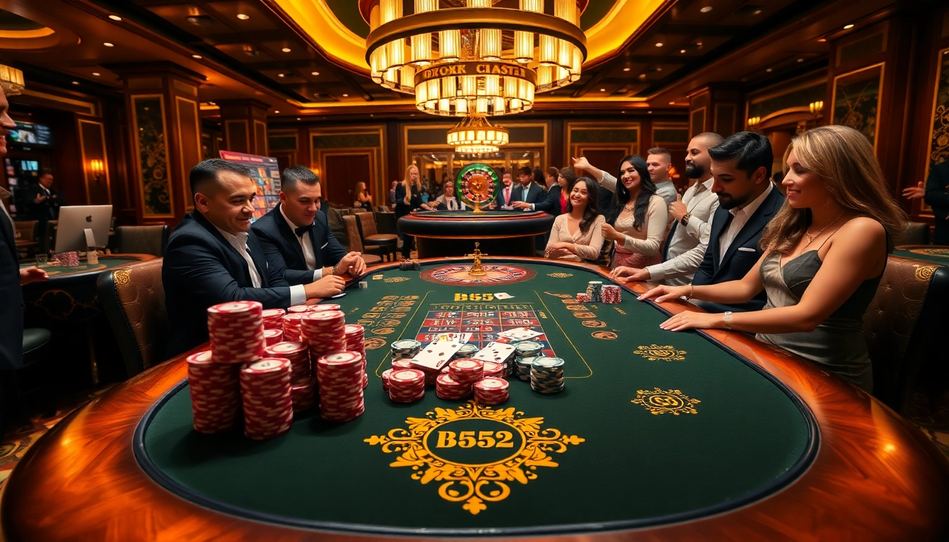 Engaged players strategizing at a b52-themed poker table in a luxurious casino.