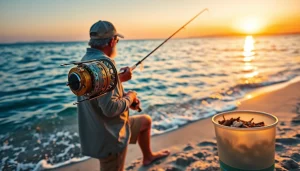 Angler practicing saltwater fly fishing at sunset, showcasing skill and serenity.