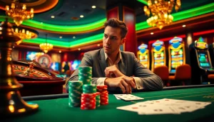 Engaging casino scene showcasing a roulette wheel and poker table at https://rr88.navy/ with players immersed in excitement.