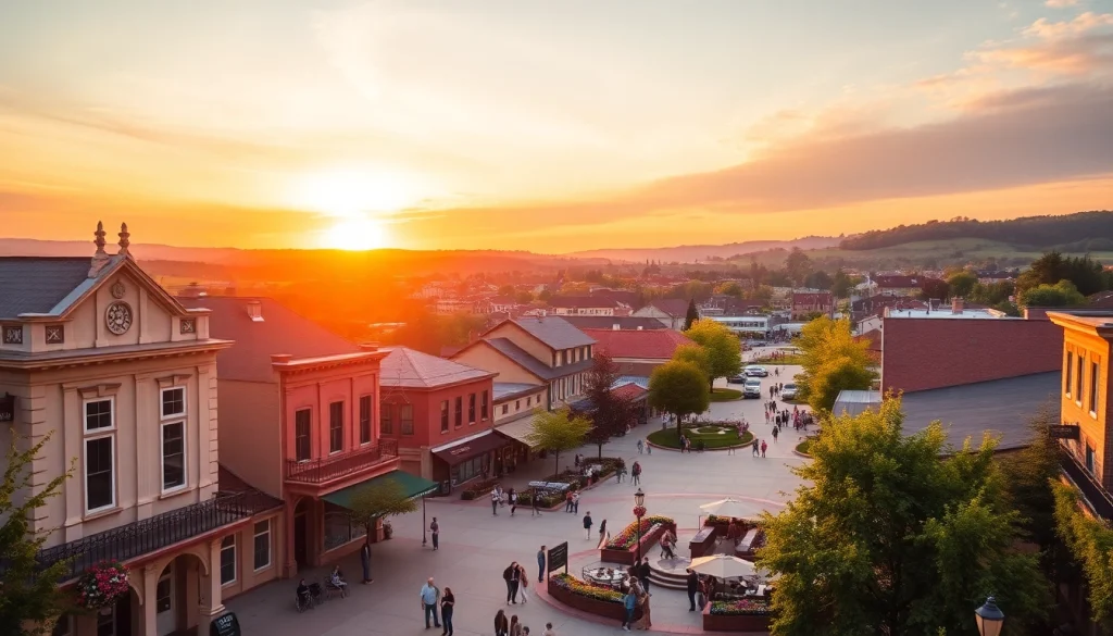 Experience Clarksburg's charming sunrise illuminating its historic buildings and vibrant community.