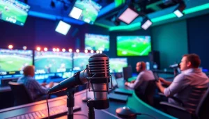 Engaging scene of sports broadcasting with dynamic visuals and commentators in action.