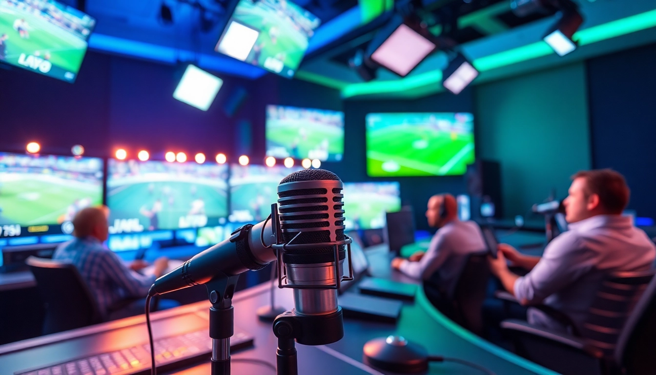 Engaging scene of sports broadcasting with dynamic visuals and commentators in action.