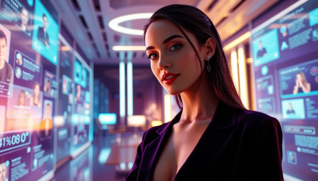 Engaging NSFW AI character interacting in a futuristic chat environment