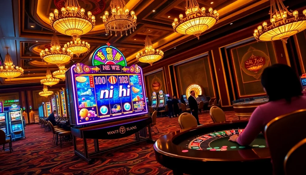 Spin the vibrant nổ hũ slot machine in a luxuriously designed casino environment with enthusiastic players.
