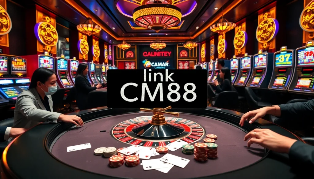 Exciting casino atmosphere with roulette table, showcasing link CM88 for gamblers.