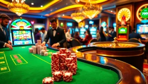 Experience thrilling action with 7upbet at a luxurious casino table filled with vibrant poker chips and dealers in action.