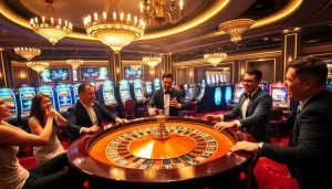 Pemain yang sangat gembira merayakan kemenangan datuk di meja roulette kasino yang glamor.