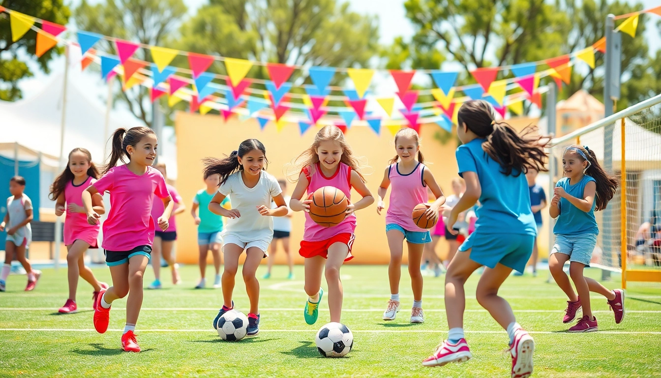 Girls joyfully participating in Multi Sports Camps for Girls, showcasing teamwork and athleticism.