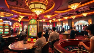 Engage with the thrill of nổ hũ at a luxurious casino, featuring vibrant slot machines and excited players.