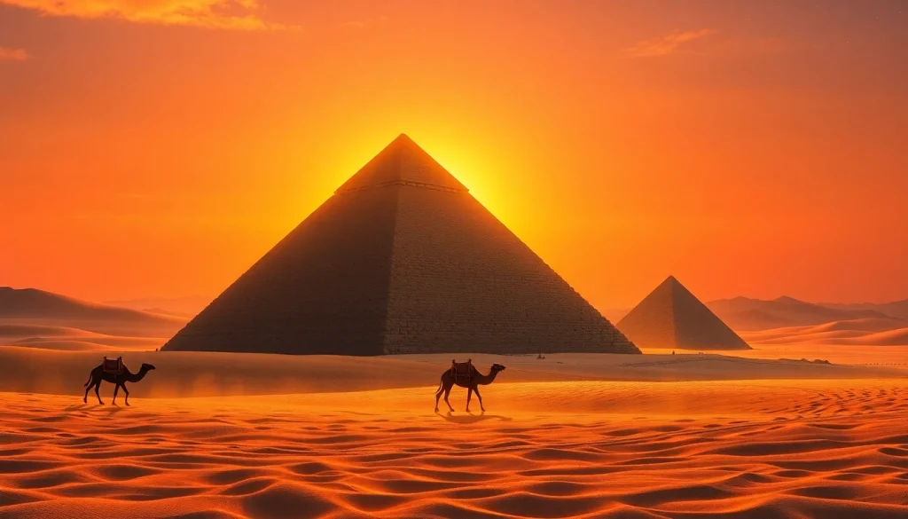 View of the iconic piraminds against a vibrant sunset, showcasing their majestic structure.