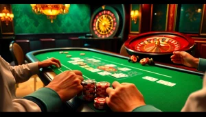 SboBet link alternatif action at a luxurious poker table showcasing chips and cards in an upscale casino.