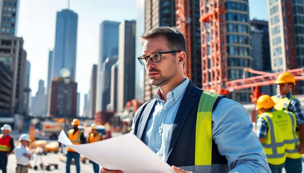 View of a New York City Construction Manager engaged with workers on a vibrant construction site.