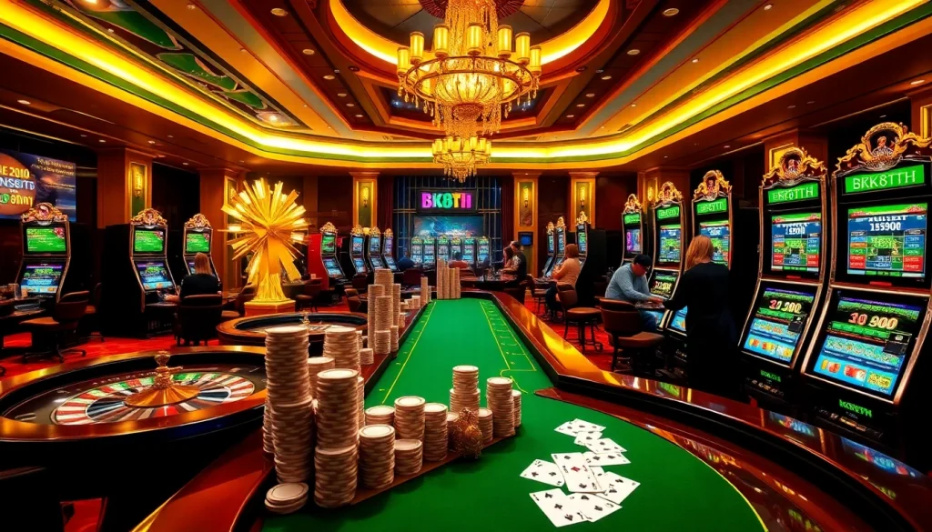 Players enjoying a winning moment at BK8TH casino, surrounded by vibrant slot machines and roulette wheels.