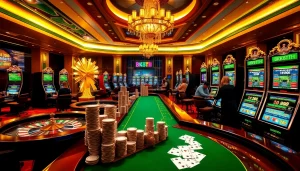 Players enjoying a winning moment at BK8TH casino, surrounded by vibrant slot machines and roulette wheels.