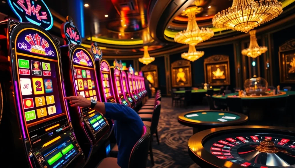 Aksi seru slot deposit pulsa tanpa potongan di mesin kasino yang penuh warna dengan seorang pemain menarik tuas.