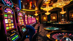 Aksi seru slot deposit pulsa tanpa potongan di mesin kasino yang penuh warna dengan seorang pemain menarik tuas.