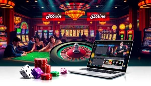 A high-stakes casino scene with roulette and poker games promoting 555win com, featuring vibrant lights and action.