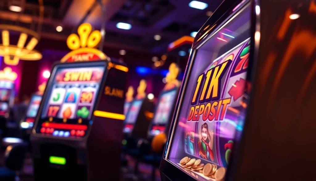 Menampilkan slot depo 1k dengan mesin slot berkilau dan pemain bersukacita dalam suasana kasino.