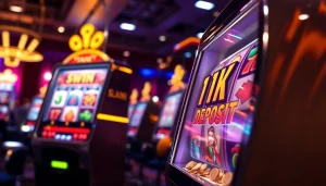 Menampilkan slot depo 1k dengan mesin slot berkilau dan pemain bersukacita dalam suasana kasino.