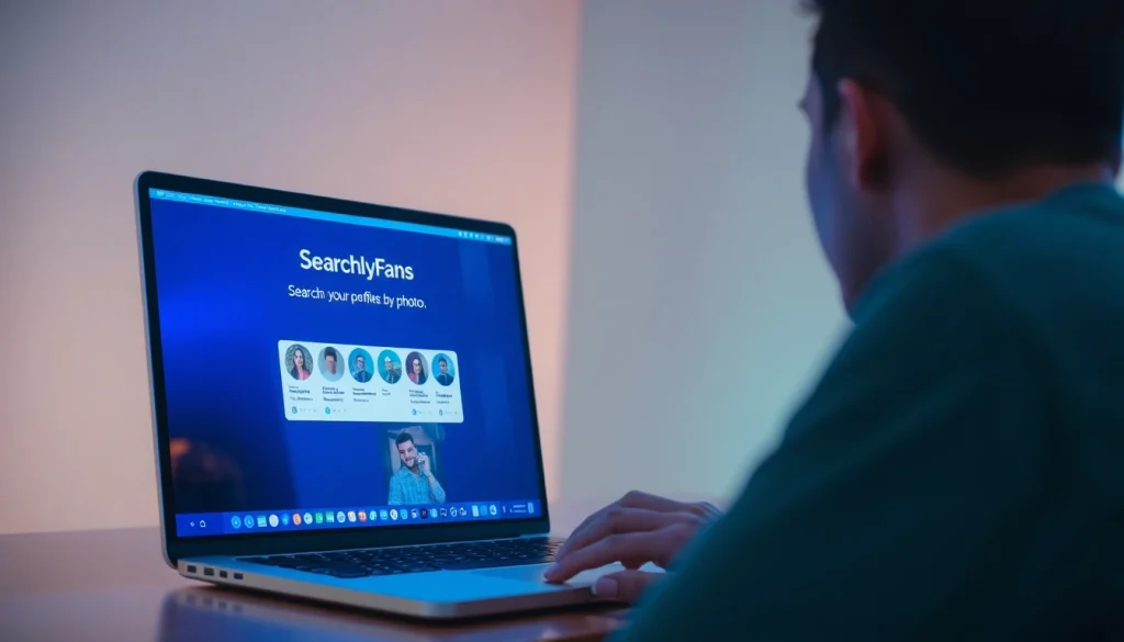 Search OnlyFans by photo tool displayed on a laptop screen with a user engaged in the process.