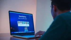 Search OnlyFans by photo tool displayed on a laptop screen with a user engaged in the process.