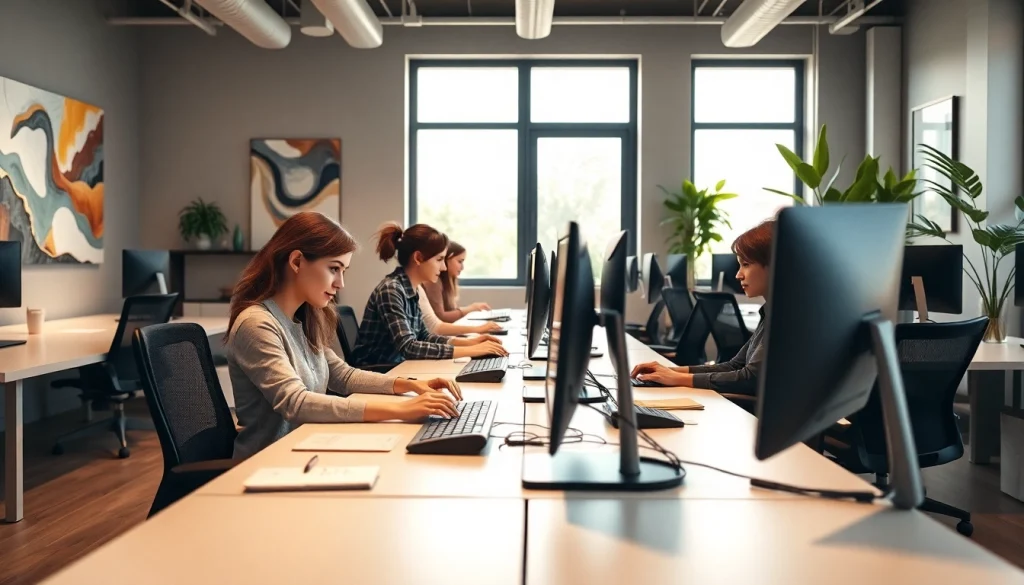 Engaged team working at a professional typing center in a modern office.