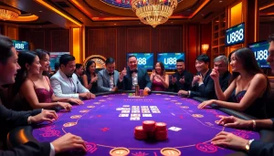 Players engaged in high-stakes poker at a vibrant U88 casino, showcasing excitement and luxury.
