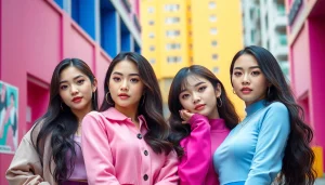 blackpink members posing confidently together in a vibrant urban setting.