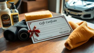 Car detailing gift certificate elegantly displayed with luxury car accessories.